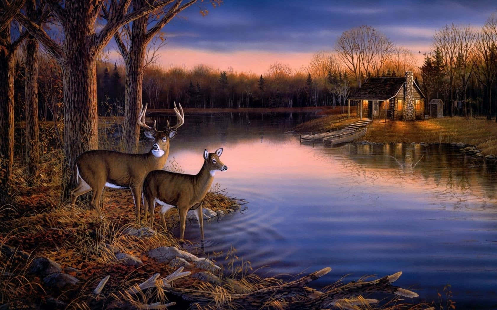 Deer Desktop 桌布 壁紙 — 兩隻鹿站在寧靜的湖邊，黃昏時分，對岸一間質樸的小屋散發出溫暖的光芒。