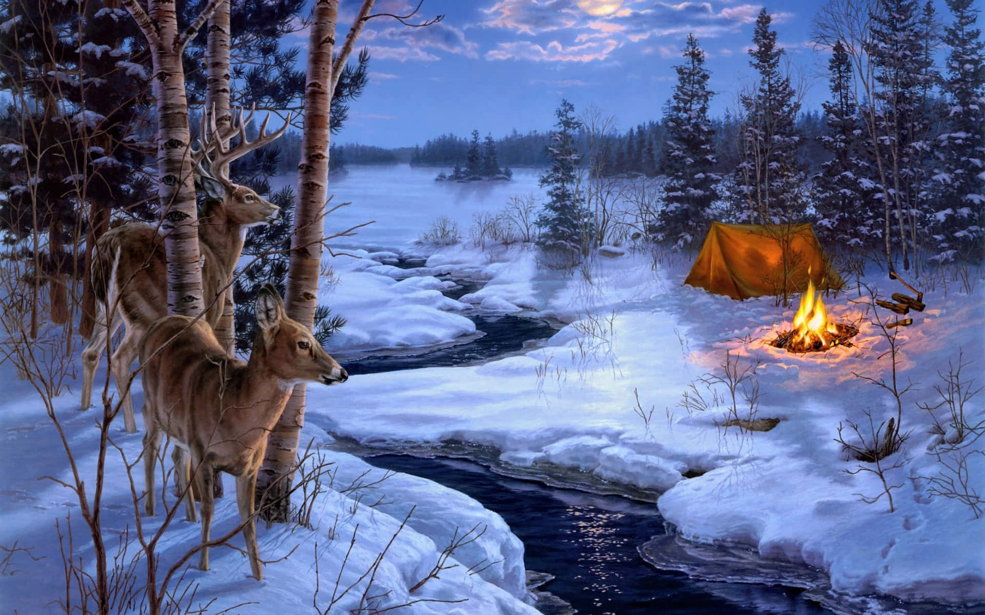 Deer Desktop 桌布 壁紙 — 兩隻鹿站在樺樹附近，旁邊是一條積雪的河流，在暮色天空下，一個橙色帳篷附近的營火閃爍著光芒。