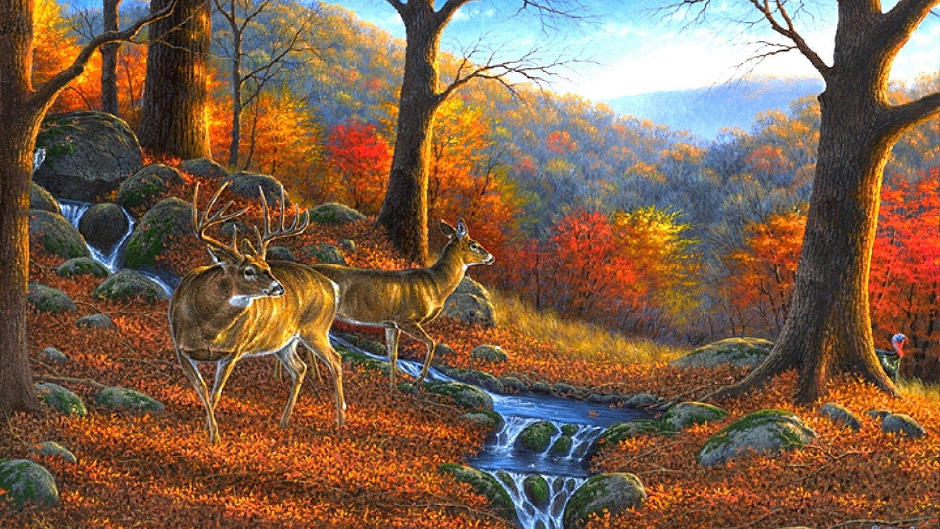 Autumn Season 桌布 壁紙 — 兩隻鹿站在溪流旁，身處充滿活力的秋日森林，樹葉呈現火紅、橙色和金黃色。