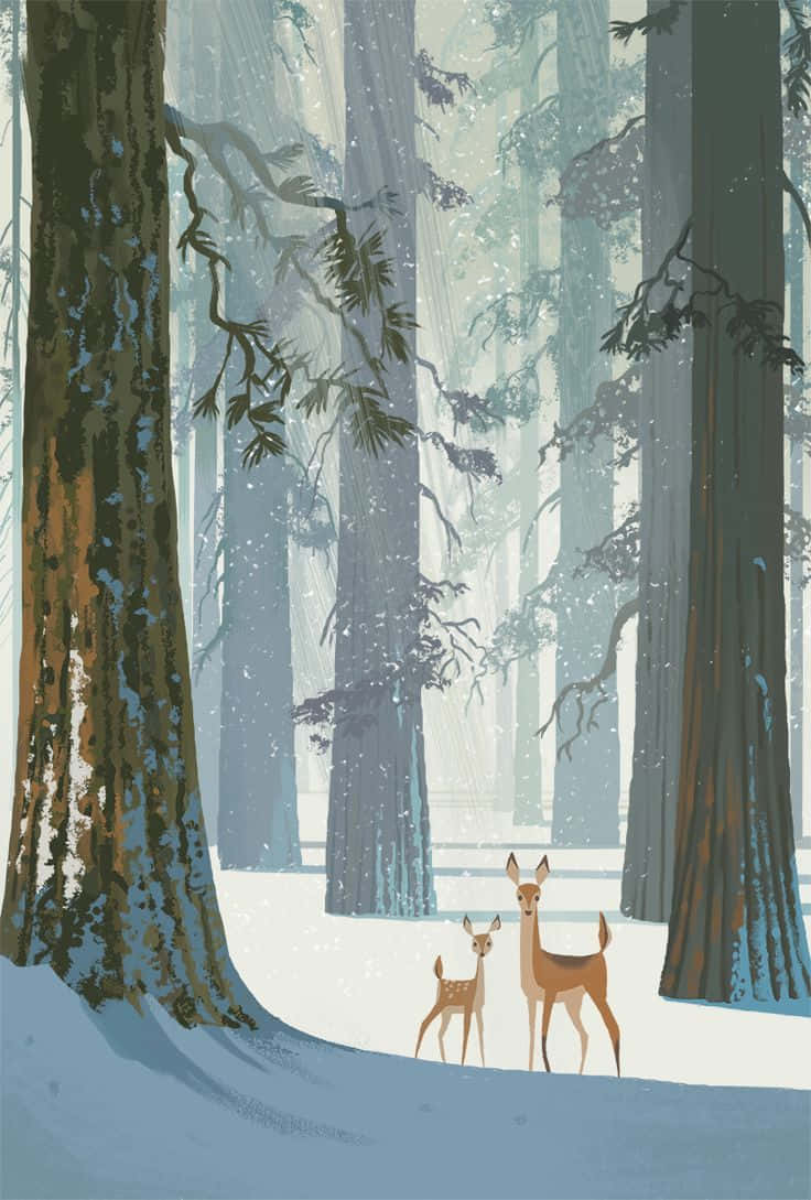 Cool Deer 桌布 壁紙 — 兩隻鹿站在白雪覆蓋的森林中，高大的樹木和飄落的雪花營造出寧靜的冬日場景。