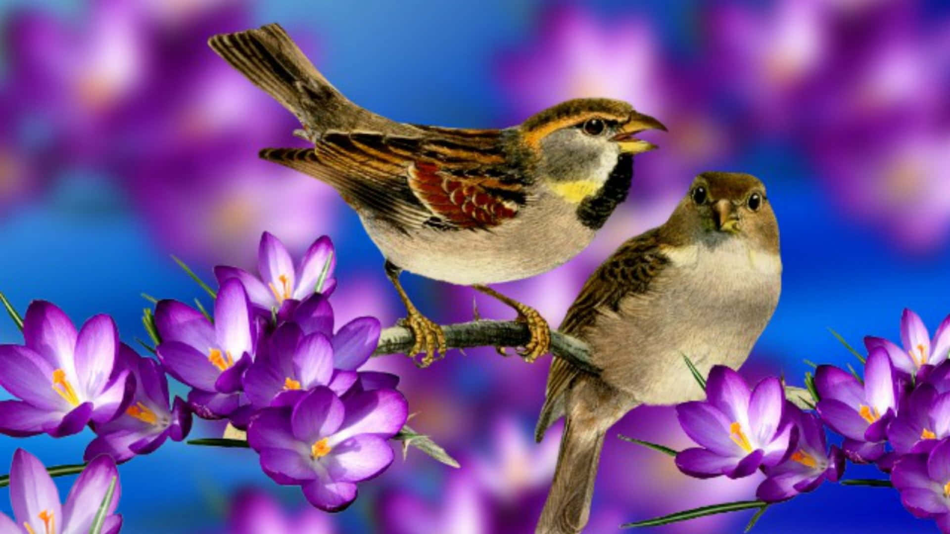 Spring Birds 桌布 壁紙 — 兩隻麻雀棲息在樹枝上，周圍是充滿活力的紫色番紅花，背景是夢幻的藍色。