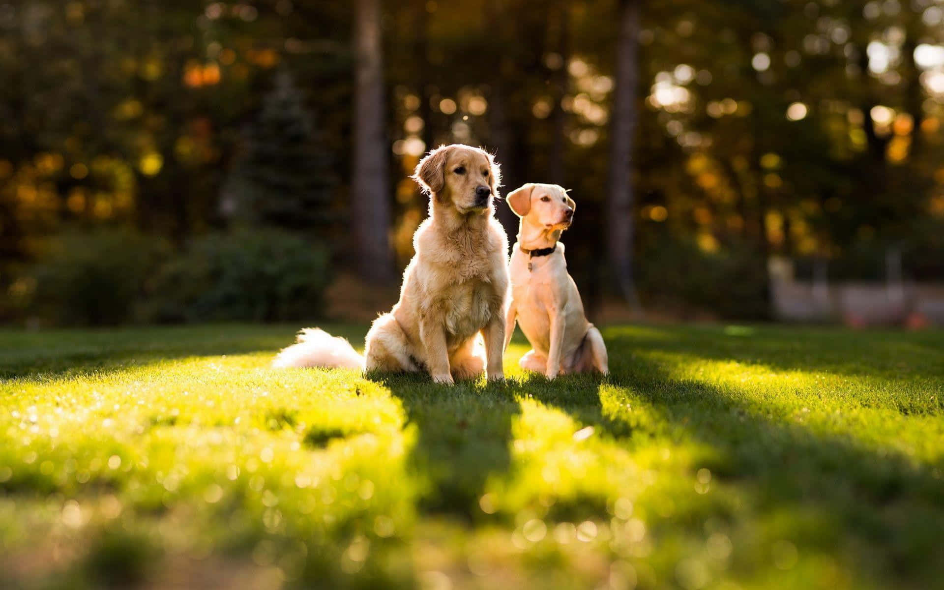 黃金獵犬 桌布 壁紙 — 兩隻黃金獵犬並排坐在陽光普照的草地上，身後有溫暖的散景樹木。