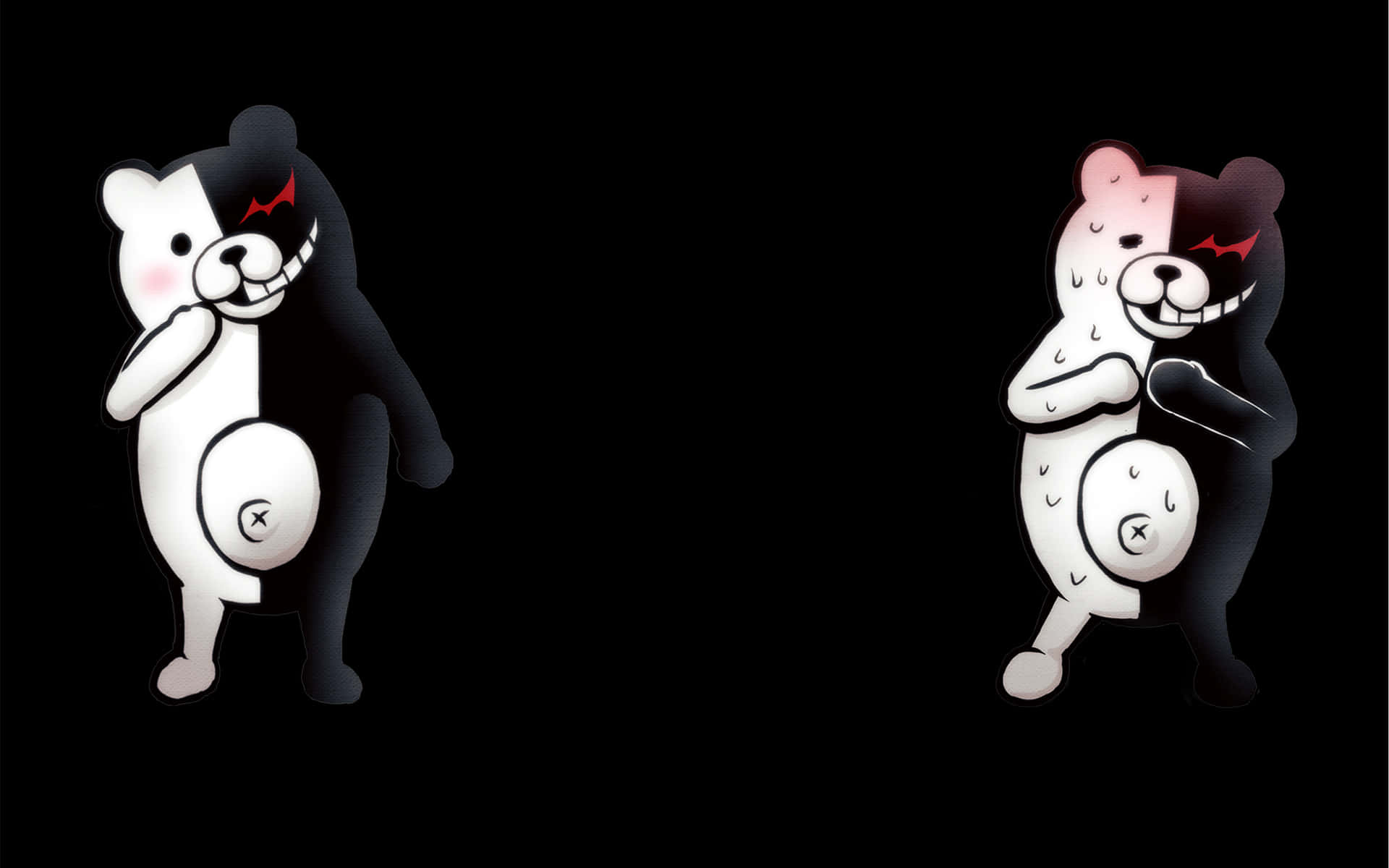 monokuma 桌布 壁紙 — 兩隻黑白各半的卡通熊在純黑背景上猙獰地咧嘴笑。