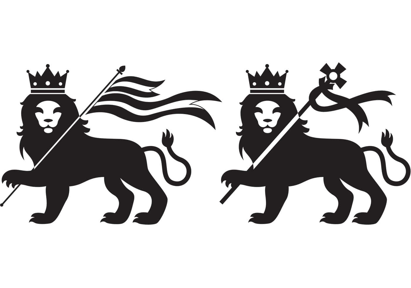 Lion Of Judah 桌布 壁紙 — 兩隻黑色戴冠獅子剪影，各持一根杖，一隻持旗，另一隻持花，背景為白色。