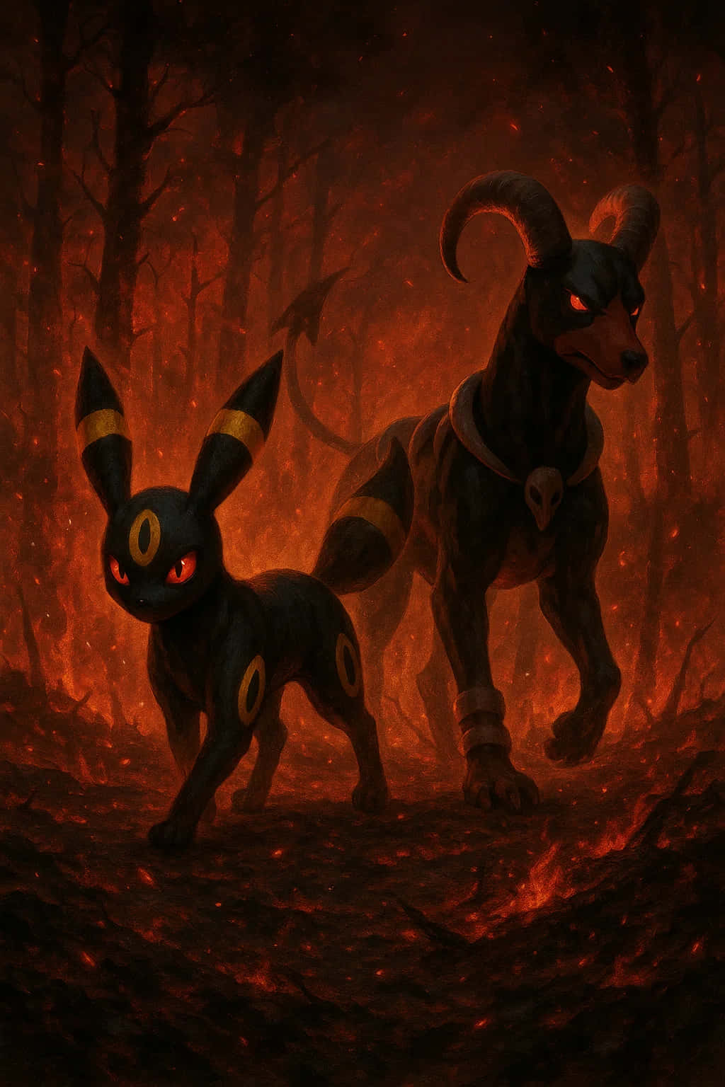Umbreon Pokemon 4K HD Wallpaper WEBP MOBILE Backgrounds 壁紙 — 兩隻黑色的寶可夢，有著發光的紅色眼睛，站在一個被橙色和黑色光芒包圍的火焰森林中。