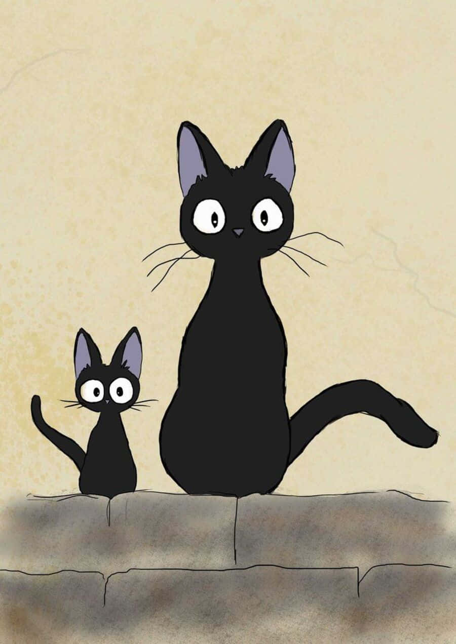 Jiji Cat 桌布 壁紙 — 兩隻黑色貓咪睜大眼睛，坐在石牆上，背景是帶有紋理的米色。