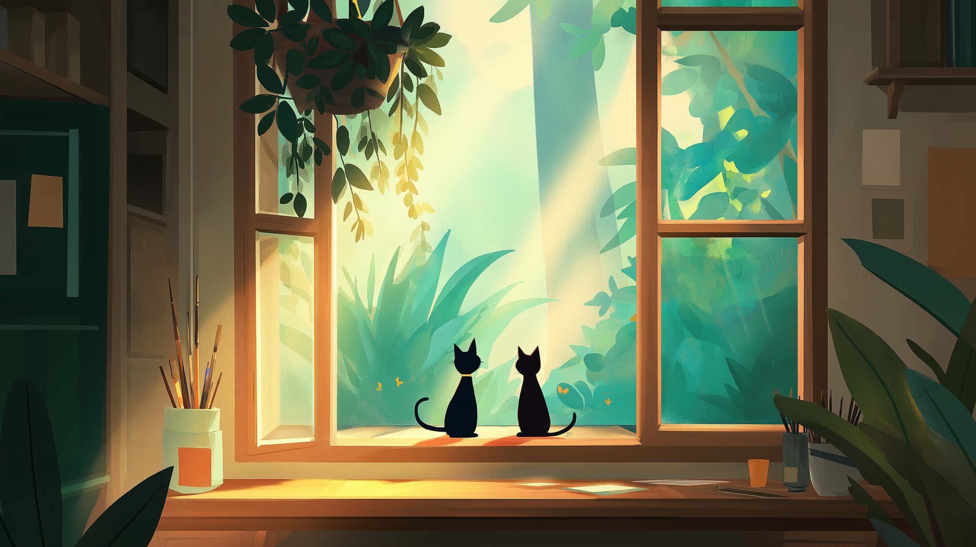 Cats Silhouetted by Sunny Window in Cozy Green Room 壁紙 — 兩隻黑貓並排坐在陽光普照的窗台上，凝視著沐浴在金色晨光中的茂密綠葉。