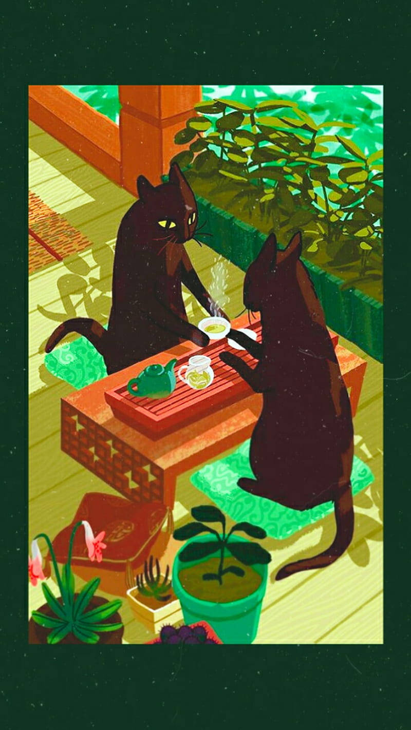 Eating 桌布 壁紙 — 兩隻黑貓坐在墊子上，在一張木桌旁享受茶，陽光普照的門廊被茂密的綠植環繞。