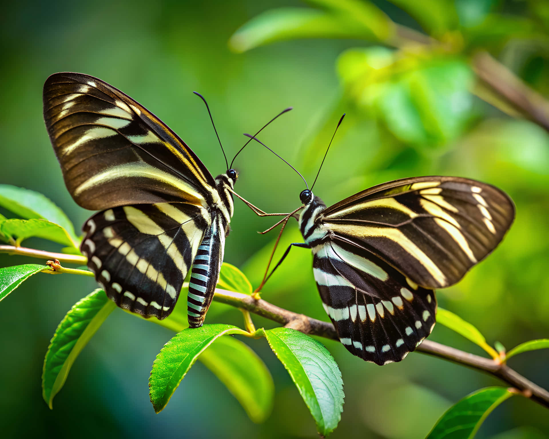Two butterflies on a branch 壁紙 — 兩隻黑黃相間的條紋蝴蝶在茂密森林的綠葉樹枝上相對而立。