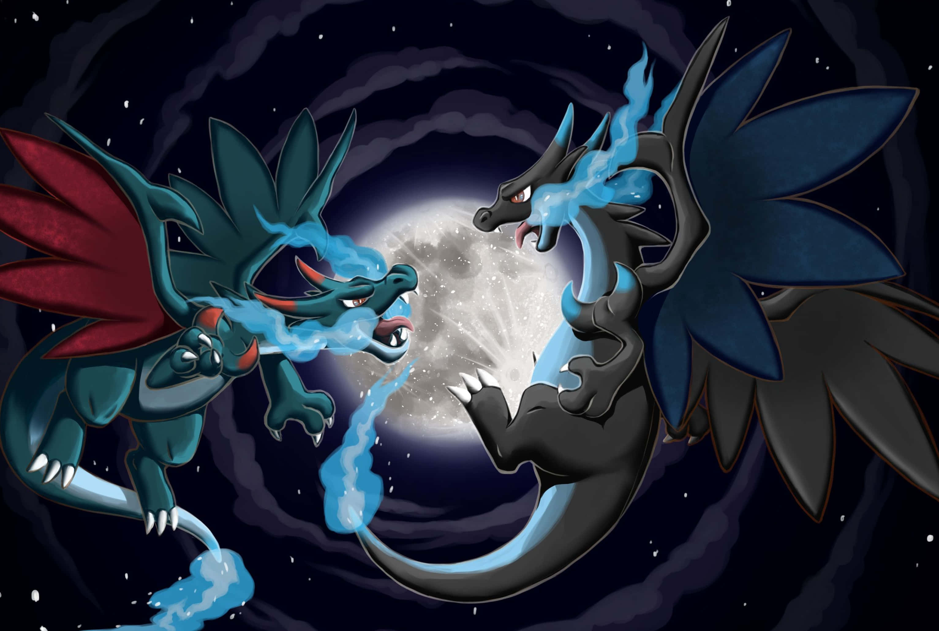 Pokemon Charizard 桌布 壁紙 — 兩隻龍系寶可夢在宇宙對戰中對峙，在星光月夜背景下噴出藍色火焰。