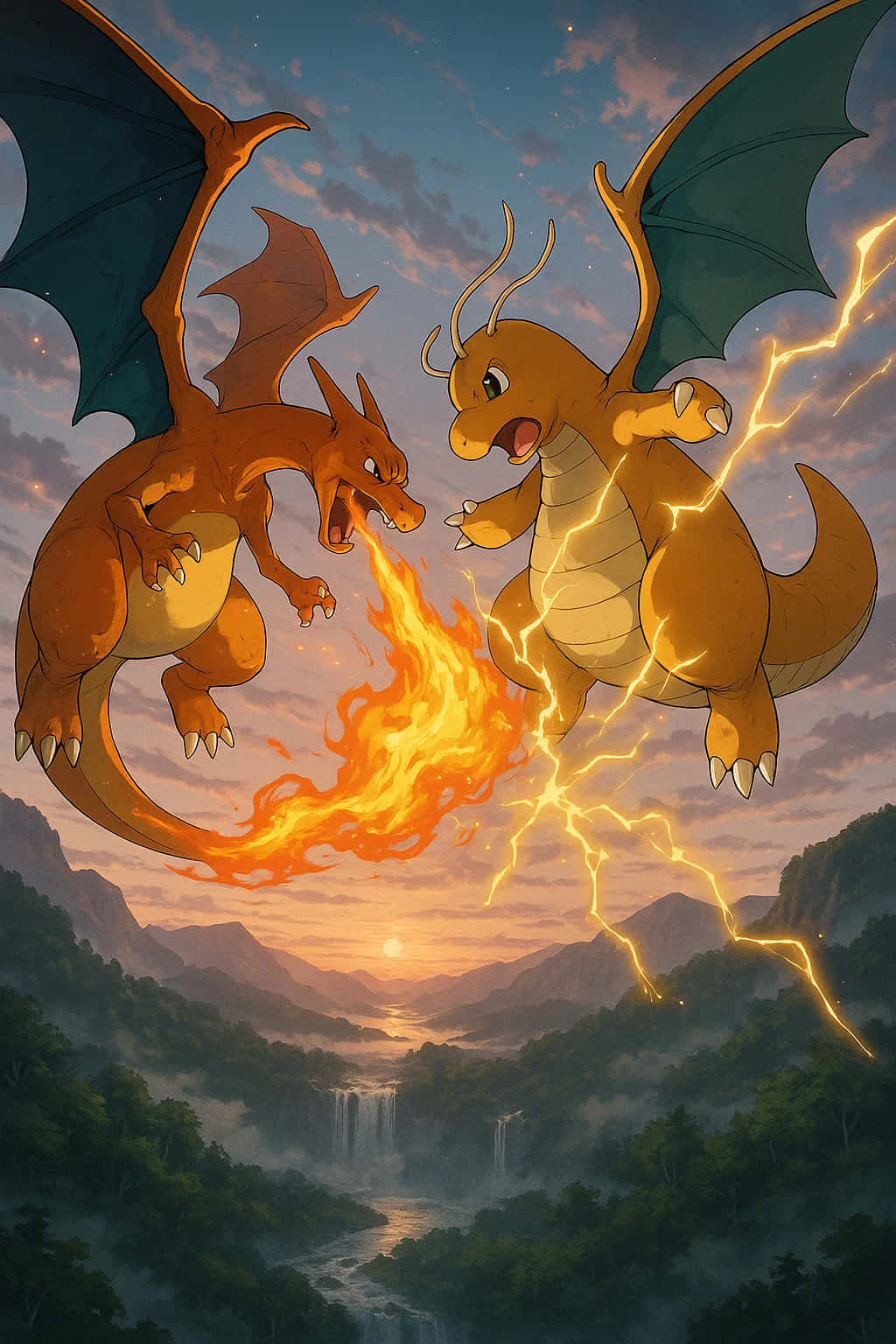 Charizard Pokemon HD Wallpaper WEBP 4K Background Download 壁紙 — 兩隻龍系寶可夢在空中碰撞，一隻噴火，另一隻在日落時分霧氣繚繞的山谷上空噼啪作響地放電。