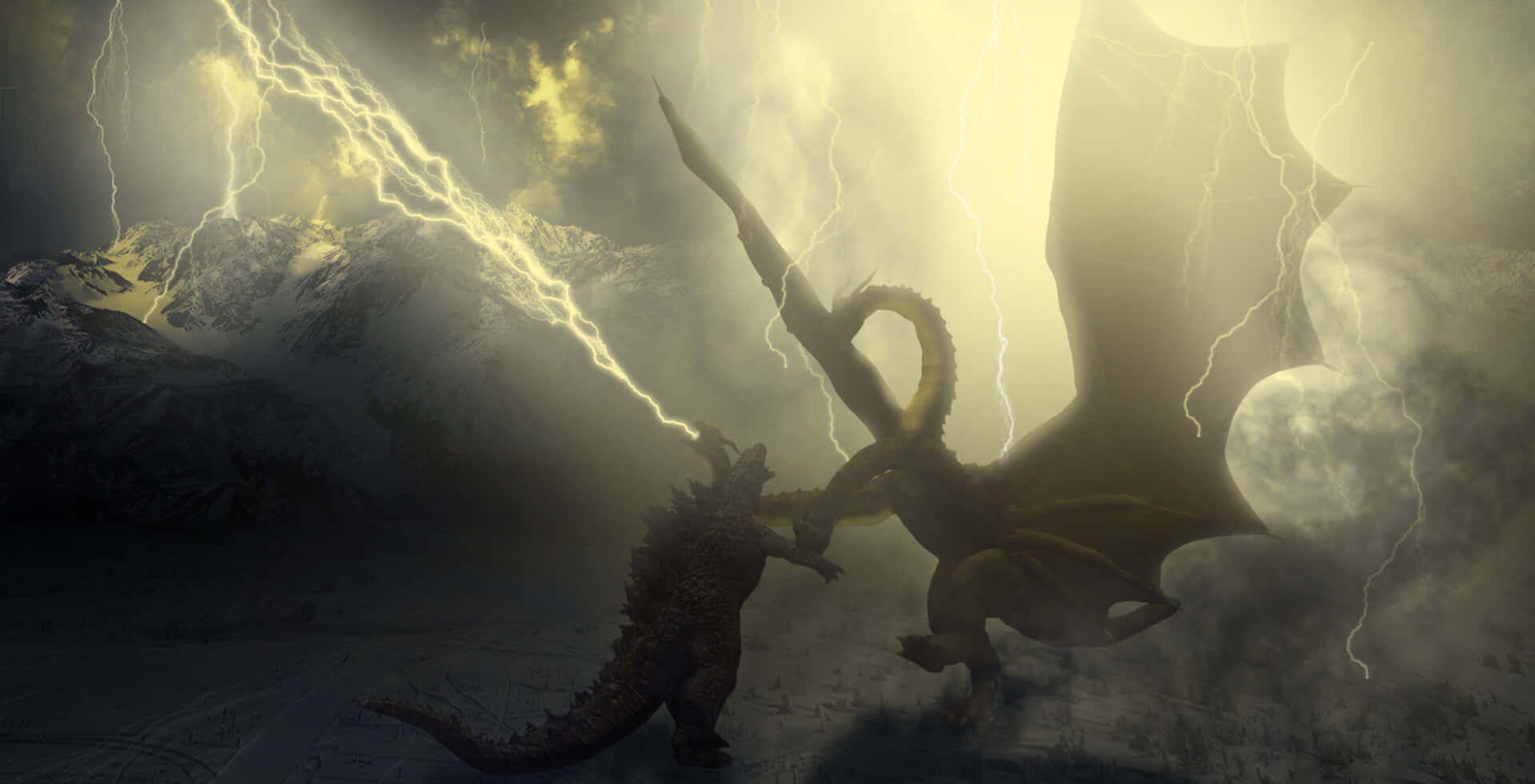 Godzilla Vs King Ghidorah 桌布 壁紙 — 兩隻龐大的怪物在暴風雨天空下、被鮮黃色閃電照亮的雪山谷中碰撞。