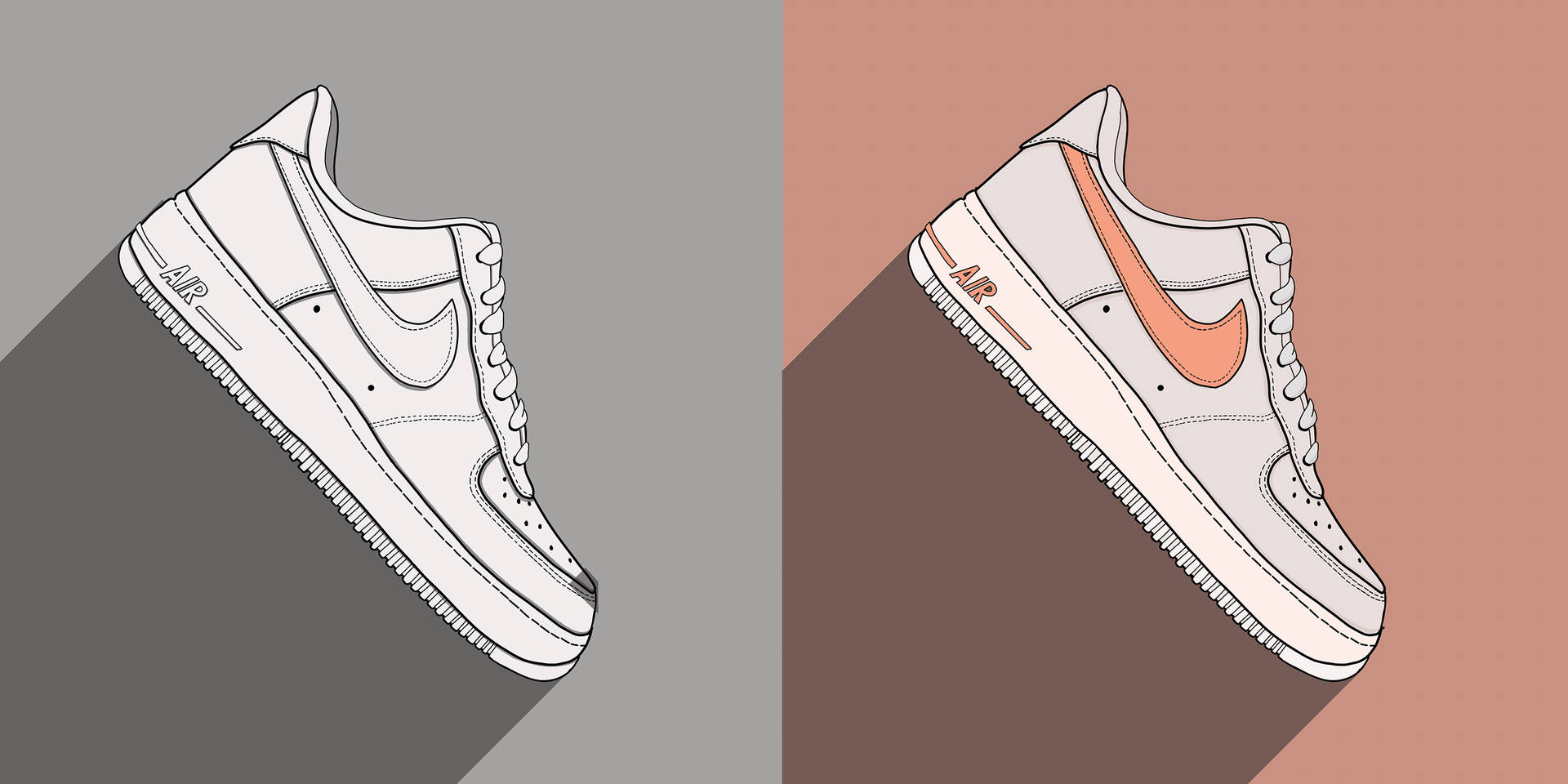 Nike 桌布 壁紙 — 兩雙Nike Air Force 1運動鞋並排插圖，一雙單色輪廓，另一雙珊瑚色勾勾，背景柔和。