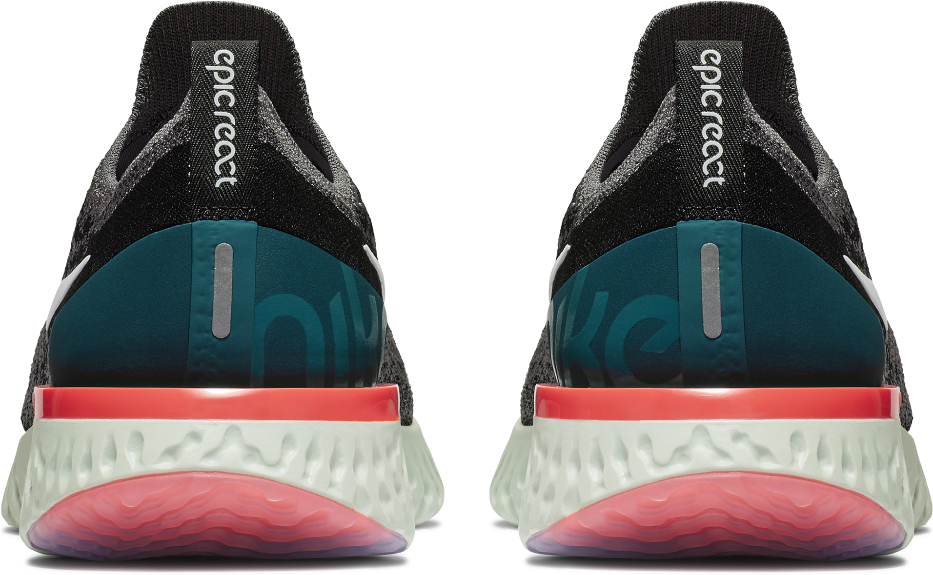 青色GIF 桌布 壁紙 — 兩雙Nike Epic React跑鞋從背面展示，黑色背景凸顯其大膽的色塊設計和紋理鞋底。