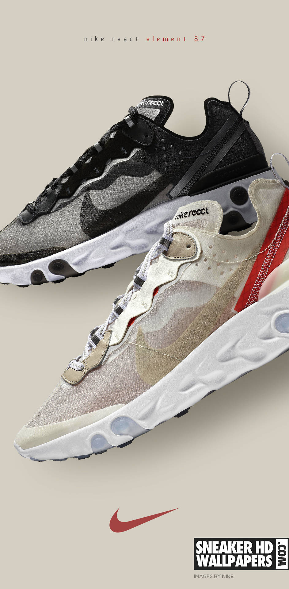 兩雙Nike React Element 87運動鞋漂浮在米色背景上，帶有紅色swoosh標誌。