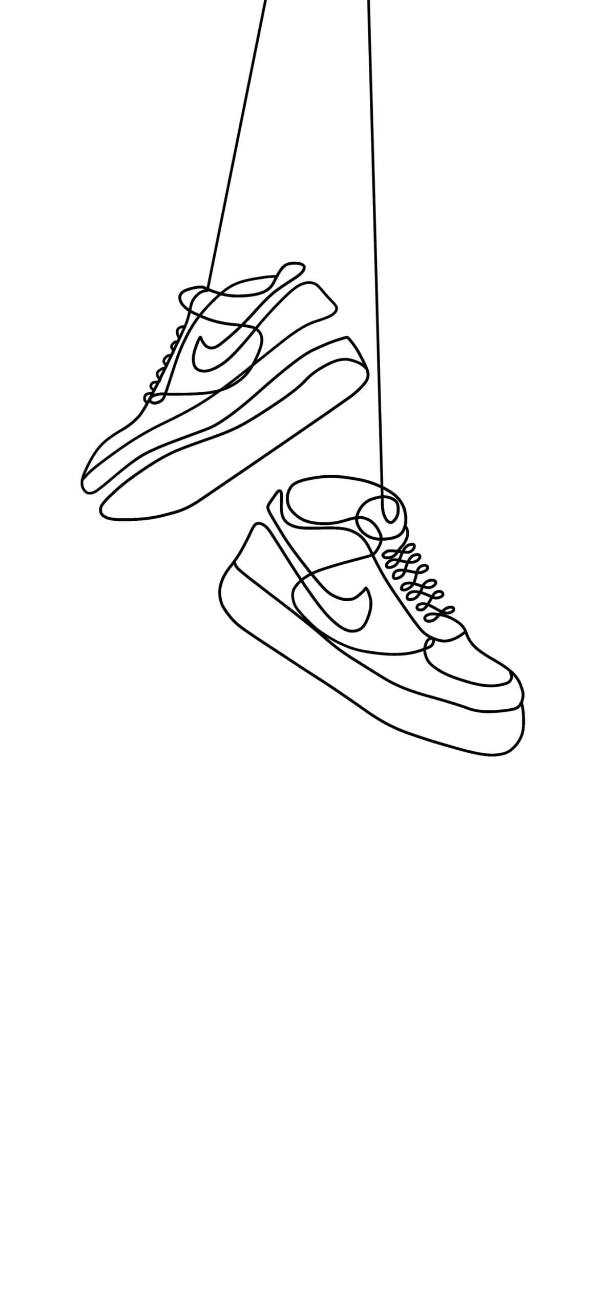 Minimalist Black And White 桌布 壁紙 — 兩雙Nike運動鞋以細線懸掛在純白背景上，呈現極簡線條藝術風格。
