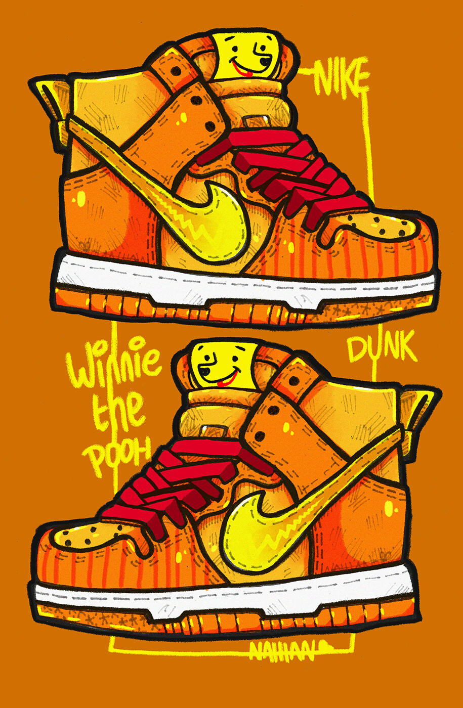 Nike 桌布 壁紙 — 兩雙卡通風格橙色Nike Dunk運動鞋，鞋舌上有小熊維尼臉孔，紅色鞋帶，純橙色背景。