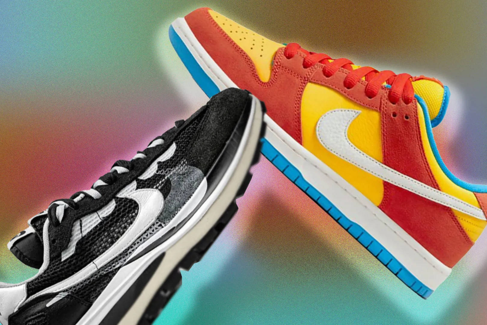 Nike Shoes 桌布 壁紙 — 兩雙大膽的運動鞋，一雙黑白，另一雙紅黃藍，漂浮在充滿活力的漸變背景上。