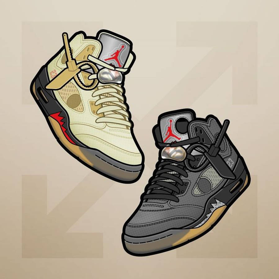 Air Jordan 桌布 壁紙 — 兩雙插畫風格的Air Jordan 5運動鞋，帶有珍珠鞋帶和金屬裝飾，漂浮在米色背景上。
