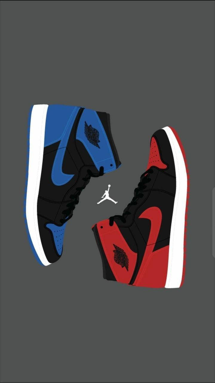 Jordan球鞋 桌布 壁紙 — 兩雙標誌性的Jordan 1運動鞋，一藍一紅，漂浮在深灰色背景上，中間有一個小Jumpman標誌。
