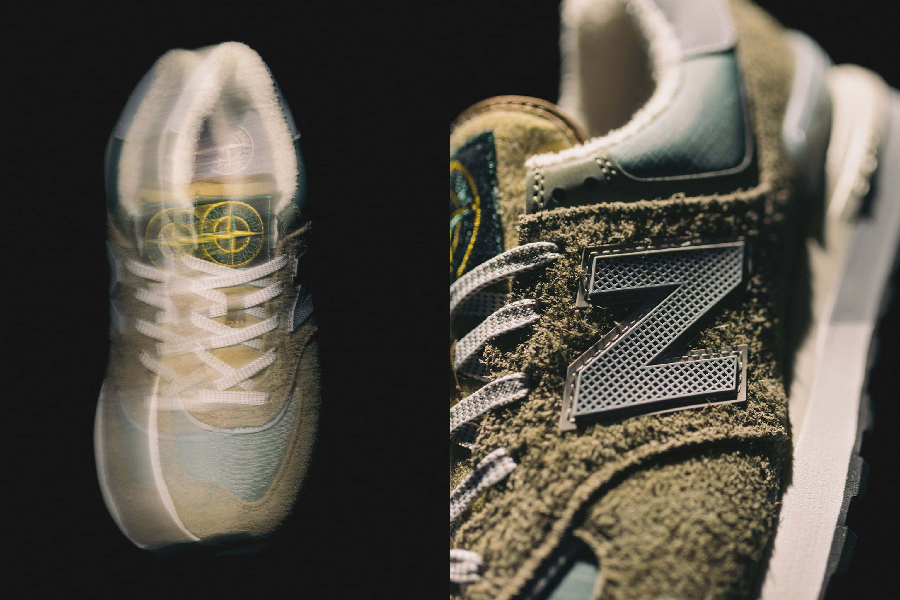 New Balance 桌布 壁紙 — 兩雙橄欖色和米色調的New Balance運動鞋在黑色背景上以戲劇性燈光展示。