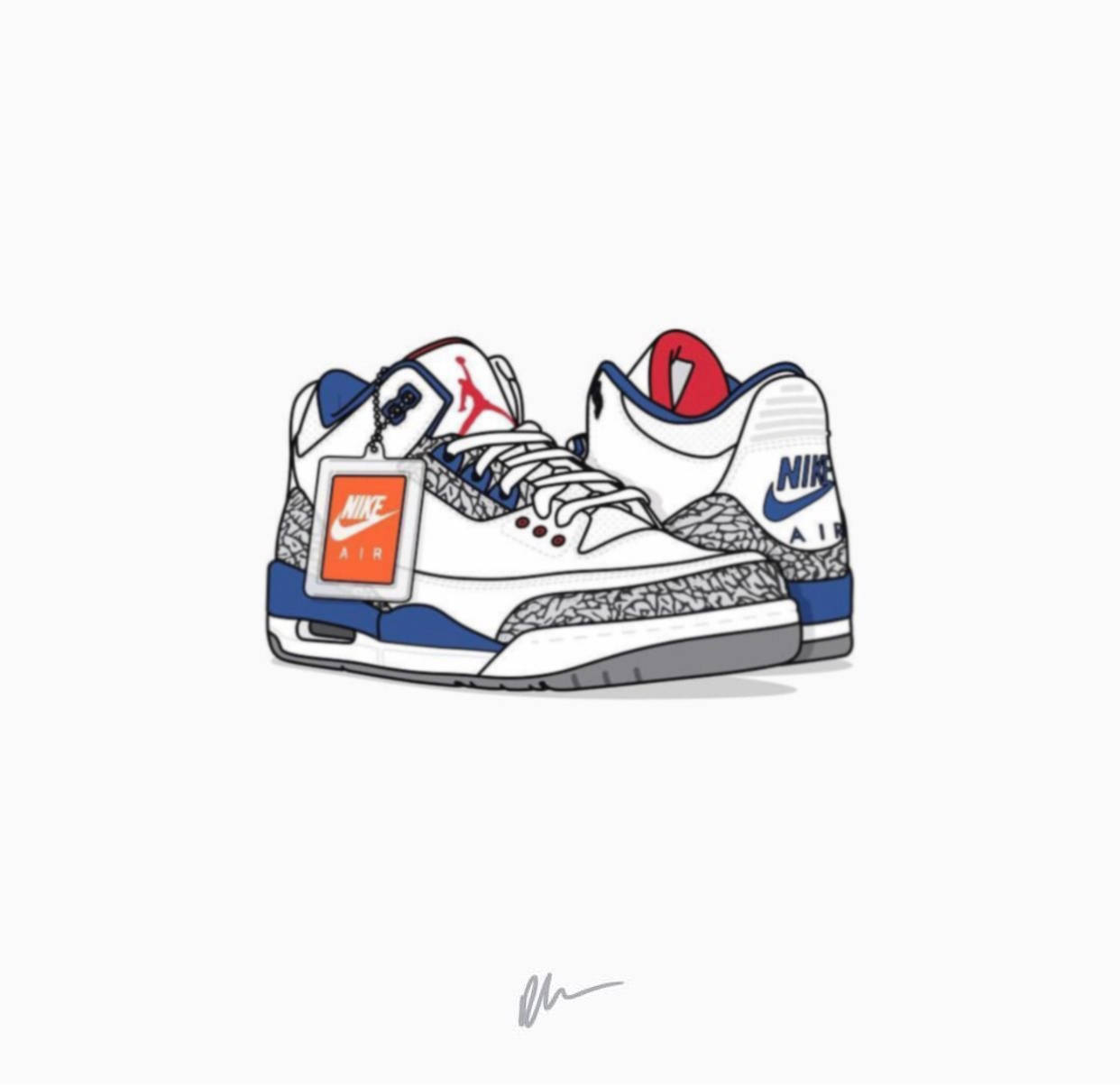 卡通鞋子 桌布 壁紙 — 兩雙白色、藍色和紅色的Nike Air Jordan 3運動鞋的風格化插圖，帶有可見的標籤和標誌性的大象印花。