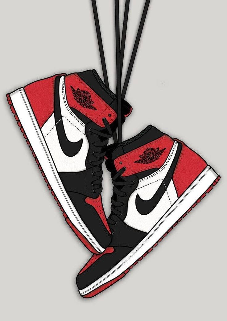 Air Jordan 桌布 壁紙 — 兩雙紅、黑、白色Jordan 1運動鞋用鞋帶掛在純灰色背景上。
