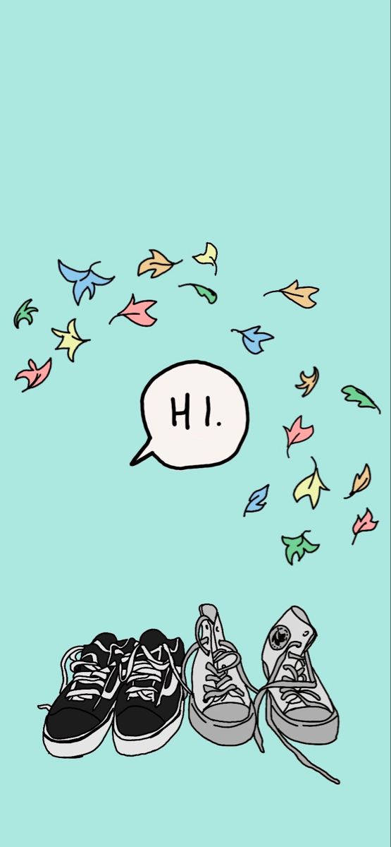 Converse 桌布 壁紙 — 兩雙運動鞋放在一個寫著「HI」的對話框下方，周圍是色彩繽紛的落葉，背景為青綠色。