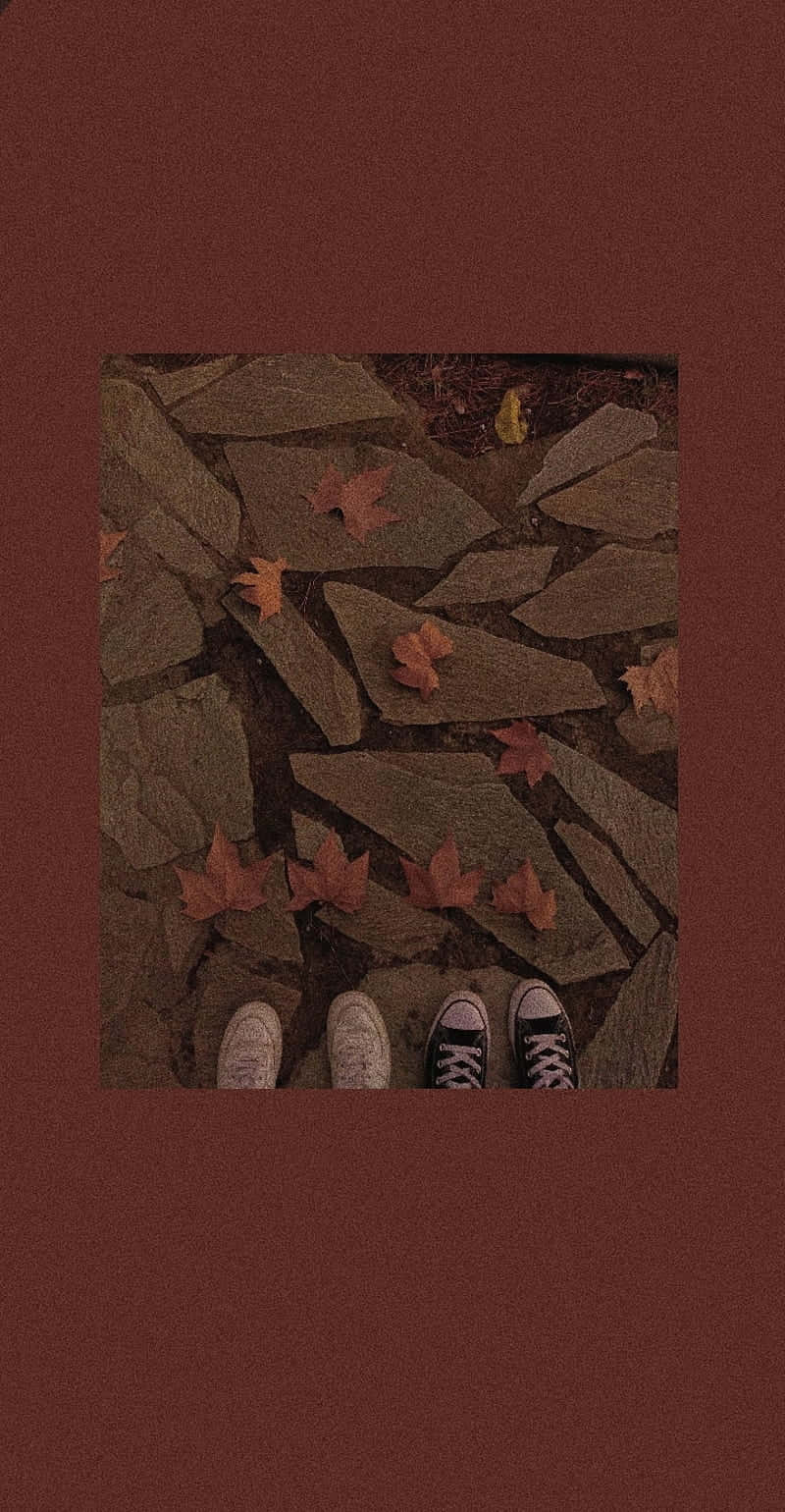 Vintage Autumn 桌布 壁紙 — 兩雙運動鞋站在一條散落著秋天落葉的石徑上，背景是深紅色。