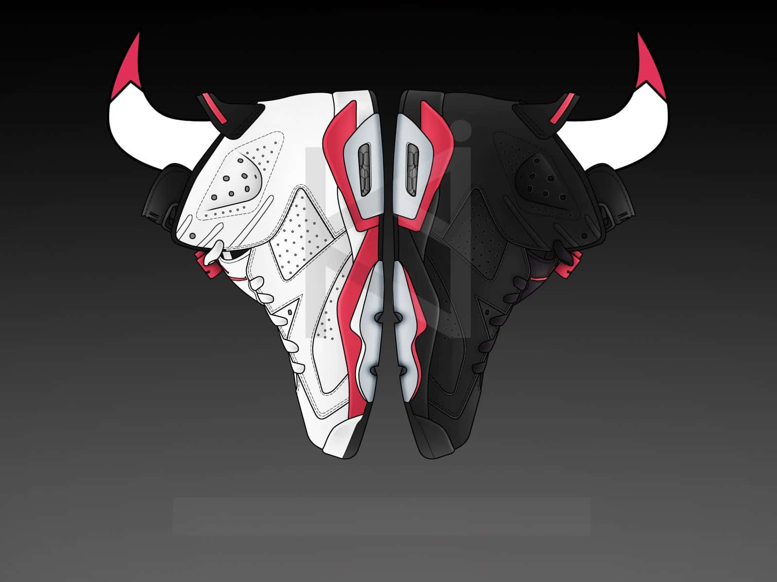 Jordan 桌布 壁紙 — 兩雙運動鞋融合成公牛頭骨設計，帶有白色、紅色和黑色點綴，背景為深色漸變。