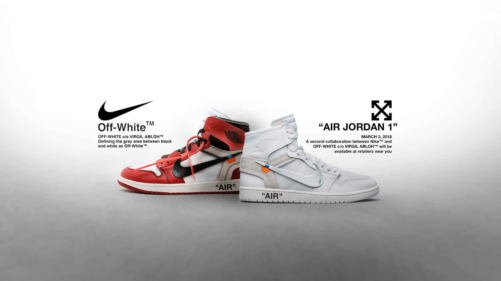 Air Jordan 1 桌布 壁紙 — 兩雙高筒運動鞋，一紅一白，帶有醒目品牌標誌，展示在簡約灰色漸變背景上。