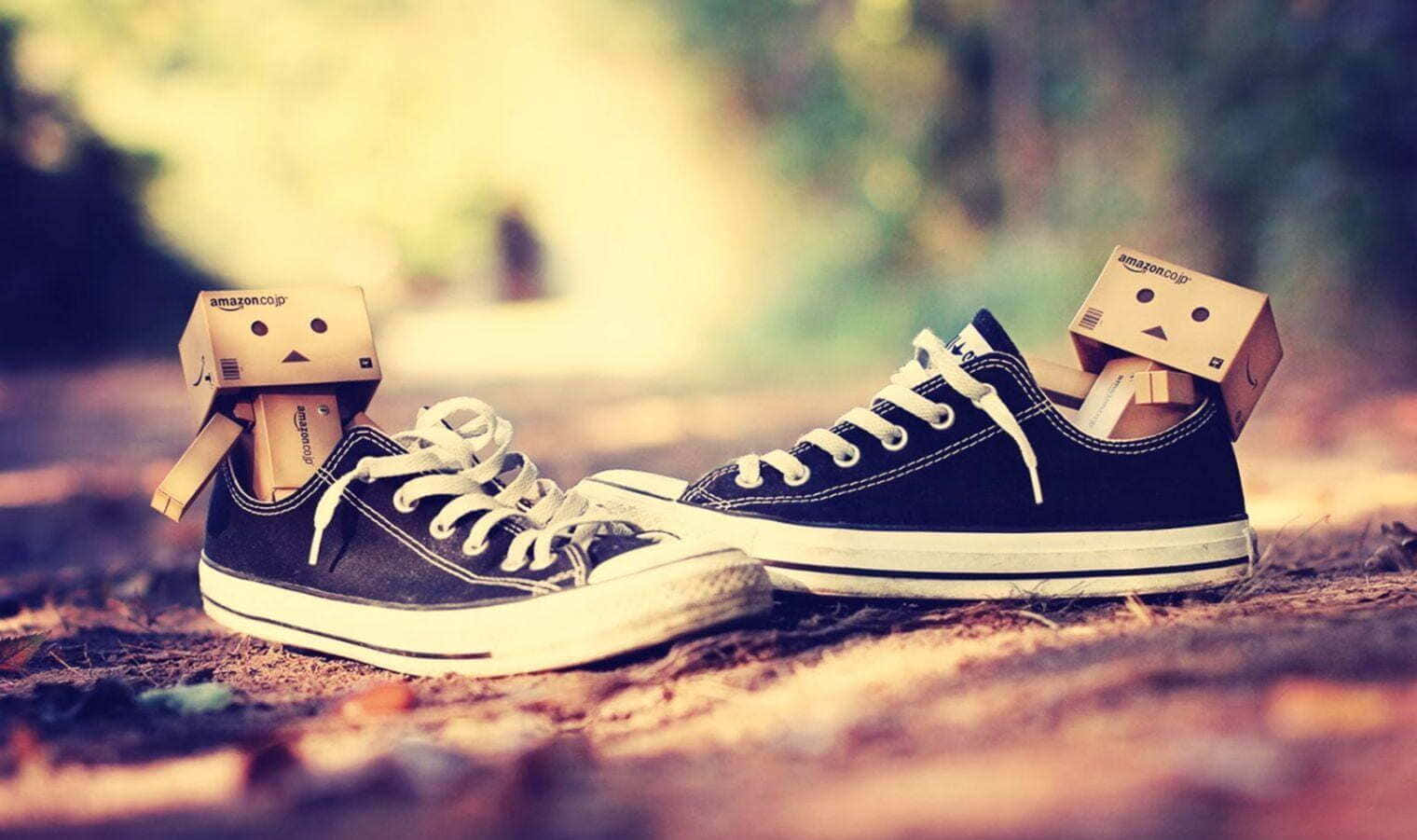 Cute Shoes 桌布 壁紙 — 兩雙黑色運動鞋，紙板Danbo頭探出，放在溫暖陽光沐浴的樹葉森林地面上。