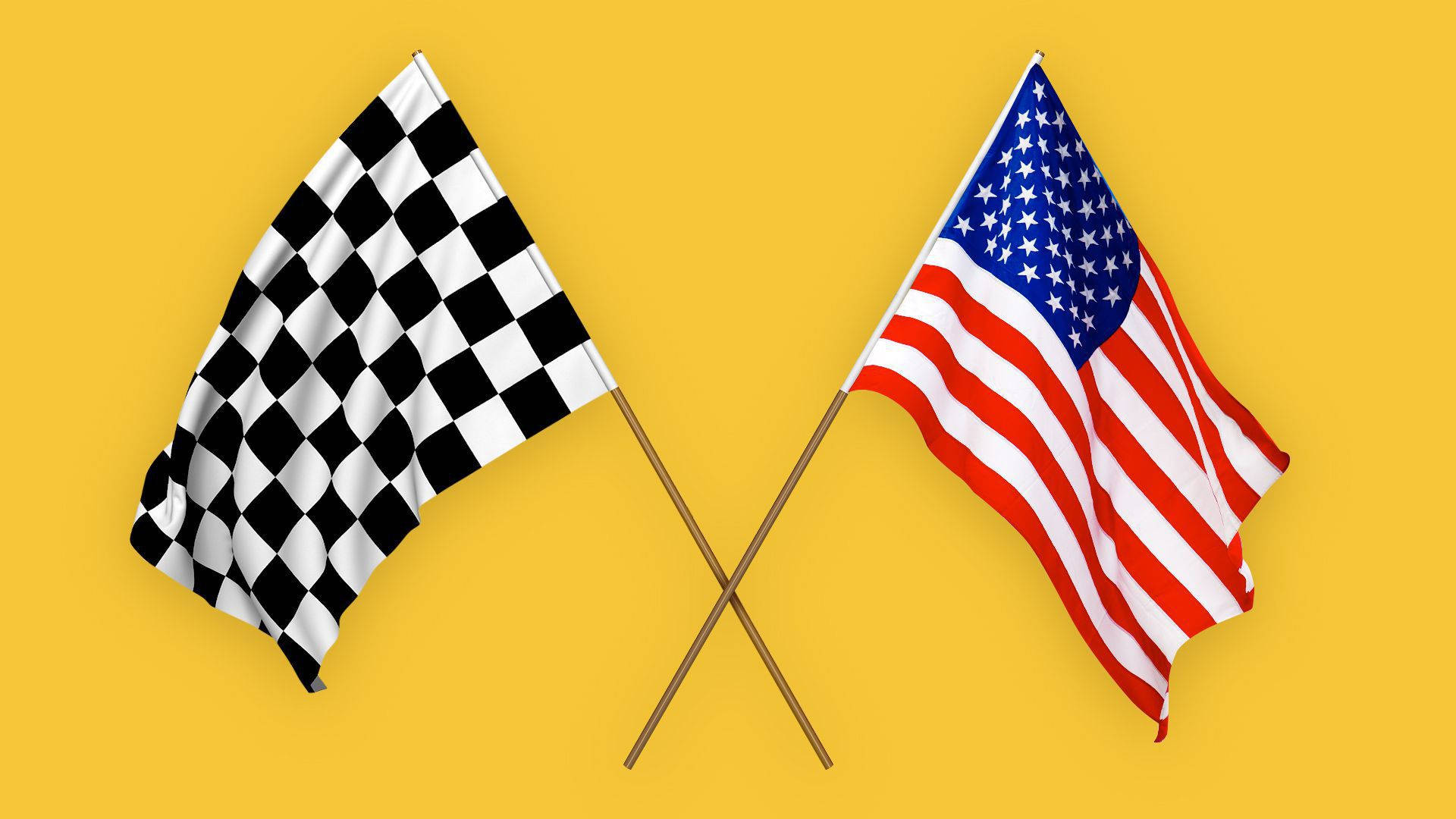 Checkered Flag 桌布 壁紙 — 兩面交叉的旗幟，一面方格賽車旗和一面美國國旗，在純黃色背景上飄揚。