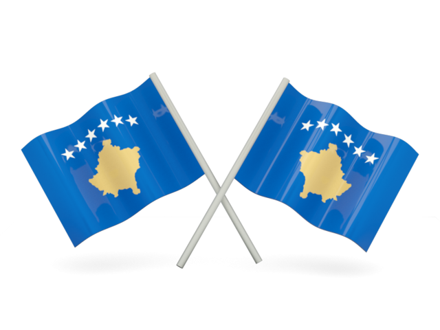 Flag 桌布 壁紙 — 兩面交叉的科索沃國旗，帶有藍色底色、金色地圖和白色星星，在黑色背景上飄揚。
