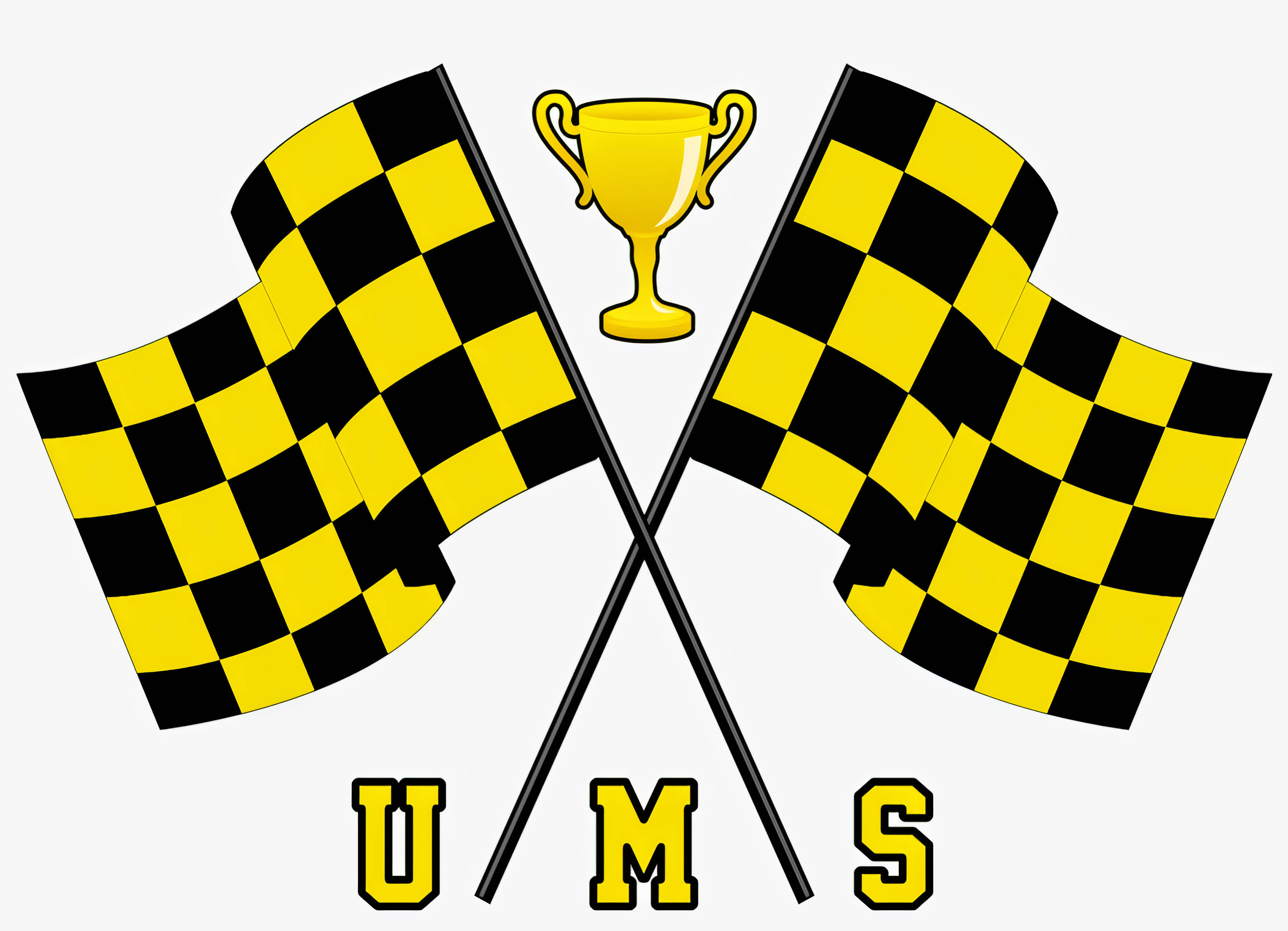 Checkered Flag 桌布 壁紙 — 兩面交叉的黃黑格子賽車旗幟，兩側襯托著一個金色獎盃，下方有粗體黃色字母UMS。