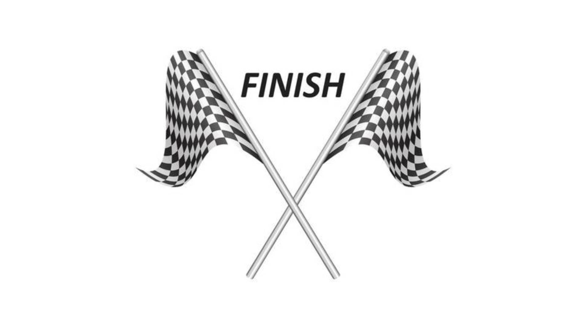 Checkered Flag 桌布 壁紙 — 兩面交叉的黑白格紋賽車旗，中間有finish字樣，背景為純白色。