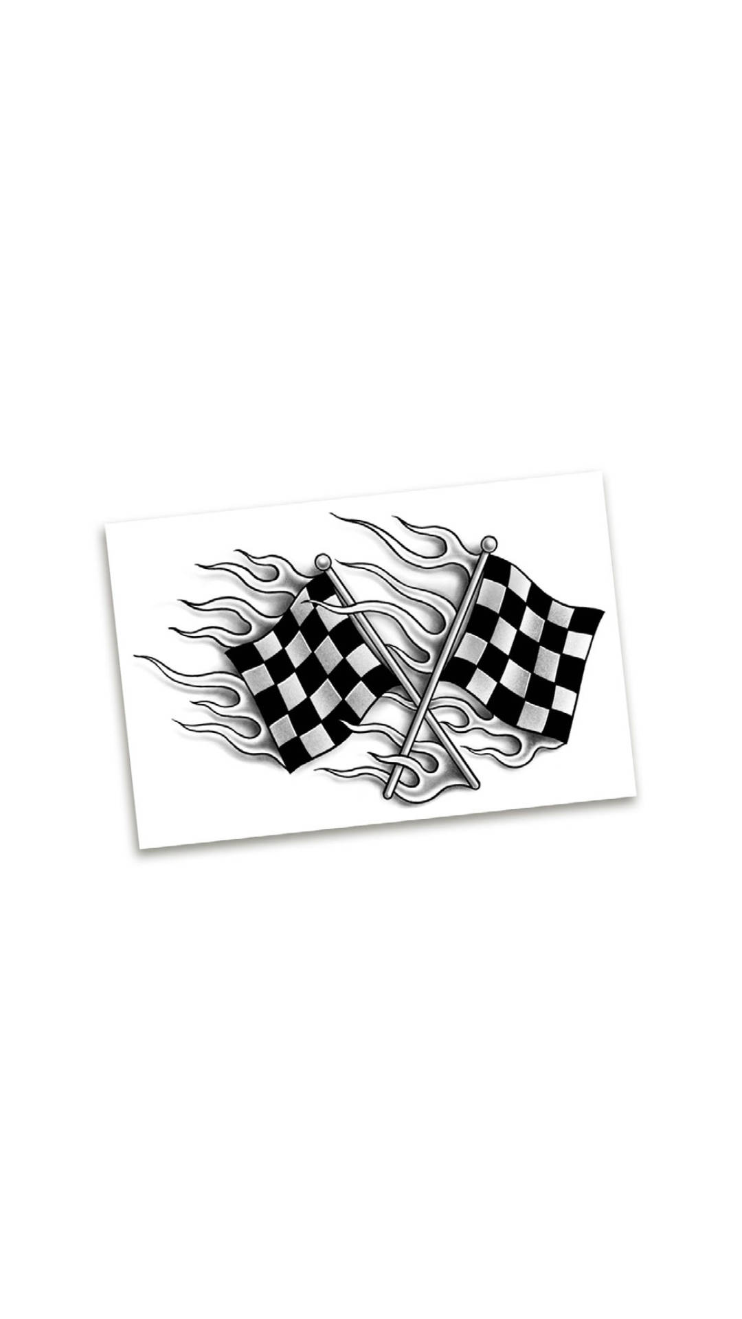 Checkered Flag 桌布 壁紙 — 兩面交叉的黑白格紋賽車旗，帶有火焰設計，貼在白色貼紙上。