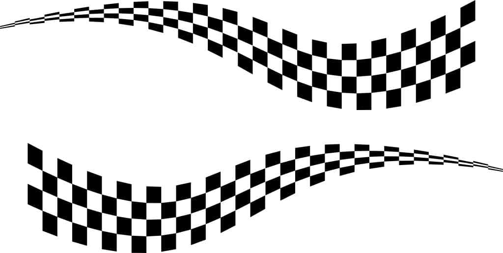 Chequered Flag 桌布 壁紙 — 兩面充滿動感的黑白方格賽車旗在純白背景上優雅地彎曲。