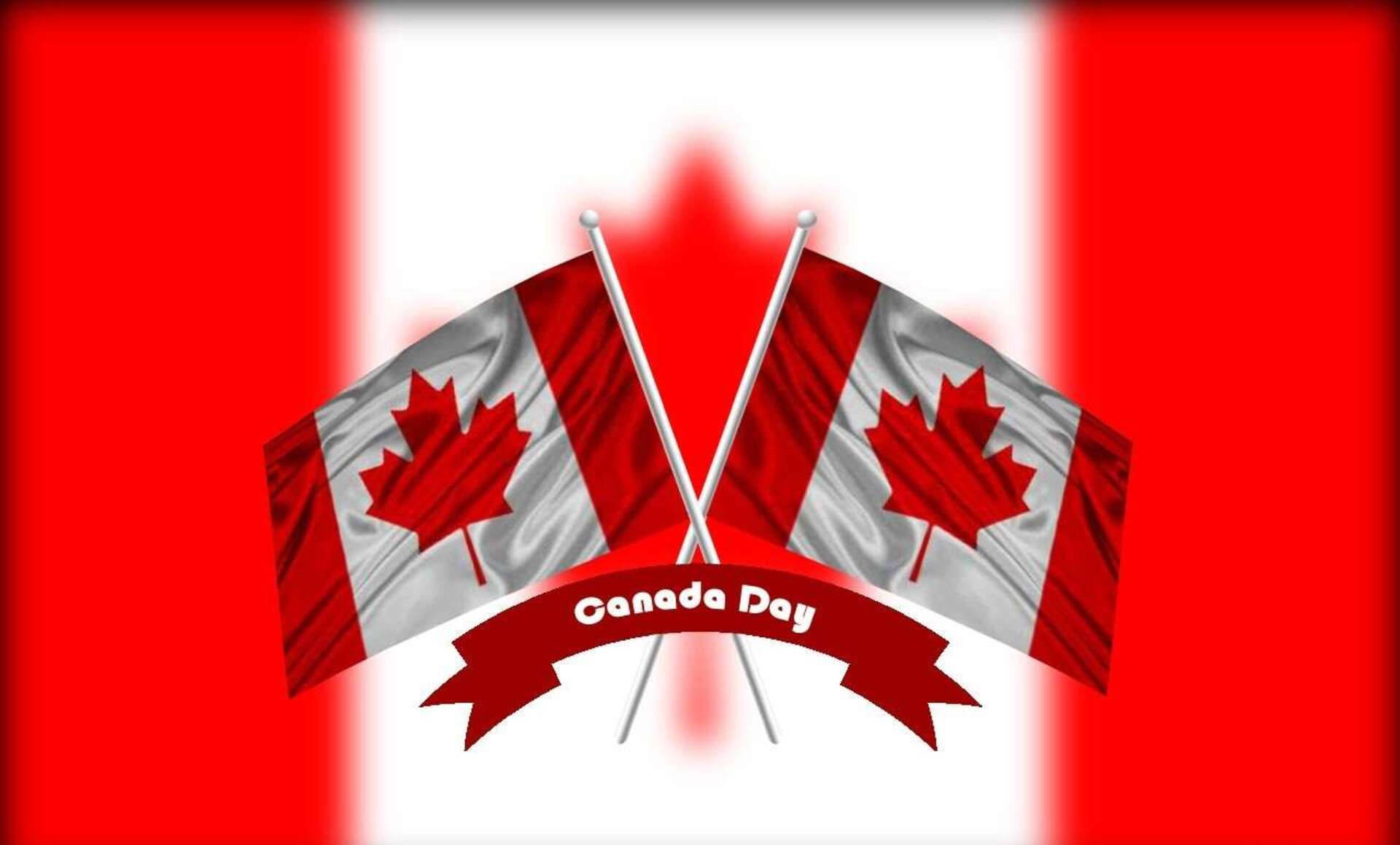 Canada Day 桌布 壁紙 — 兩面加拿大國旗交叉在紅白背景上，並有寫著加拿大日的橫幅。