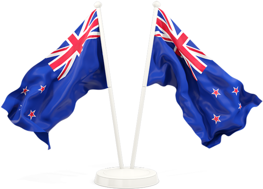 Flags 桌布 壁紙 — 兩面紐西蘭國旗在白色旗桿上動態飄揚，背景為純黑色。