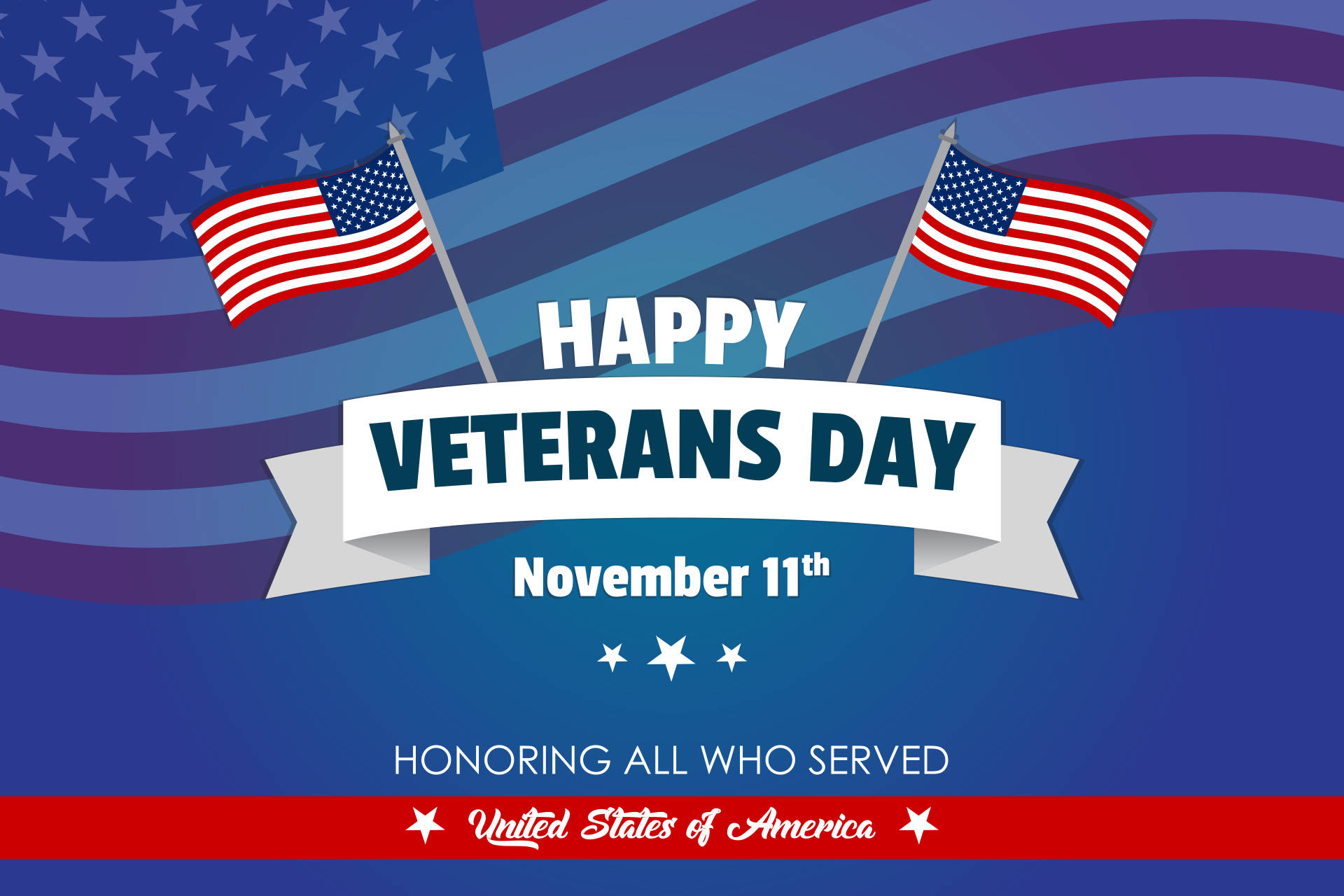 Veterans 桌布 壁紙 — 兩面美國國旗在一個宣佈「11月11日退伍軍人節快樂」的橫幅上方飄揚，背景為風格化的旗幟圖案。