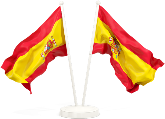 Flag 桌布 壁紙 — 兩面西班牙國旗在黑色背景上，於安裝在圓形底座上的白色旗桿上動態飄揚。