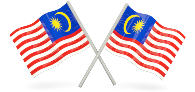Malaysia 桌布 壁紙 — 兩面馬來西亞國旗在鮮明的黑色背景上動態交叉，帶有鮮豔的紅白條紋和藍色左上角，上有黃色新月和星星。