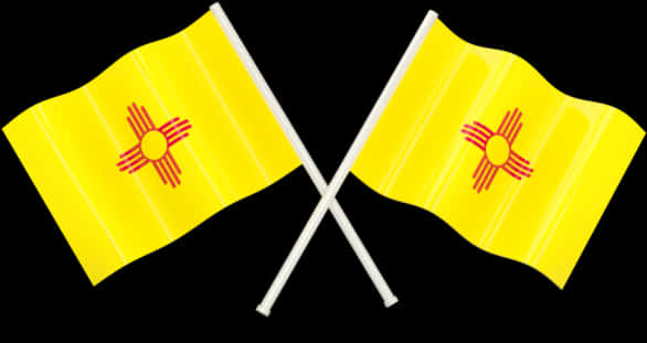 Flag Banner 桌布 壁紙 — 兩面鮮黃色的新墨西哥州旗，帶有紅色Zia太陽符號，交叉懸掛在純黑色背景上。