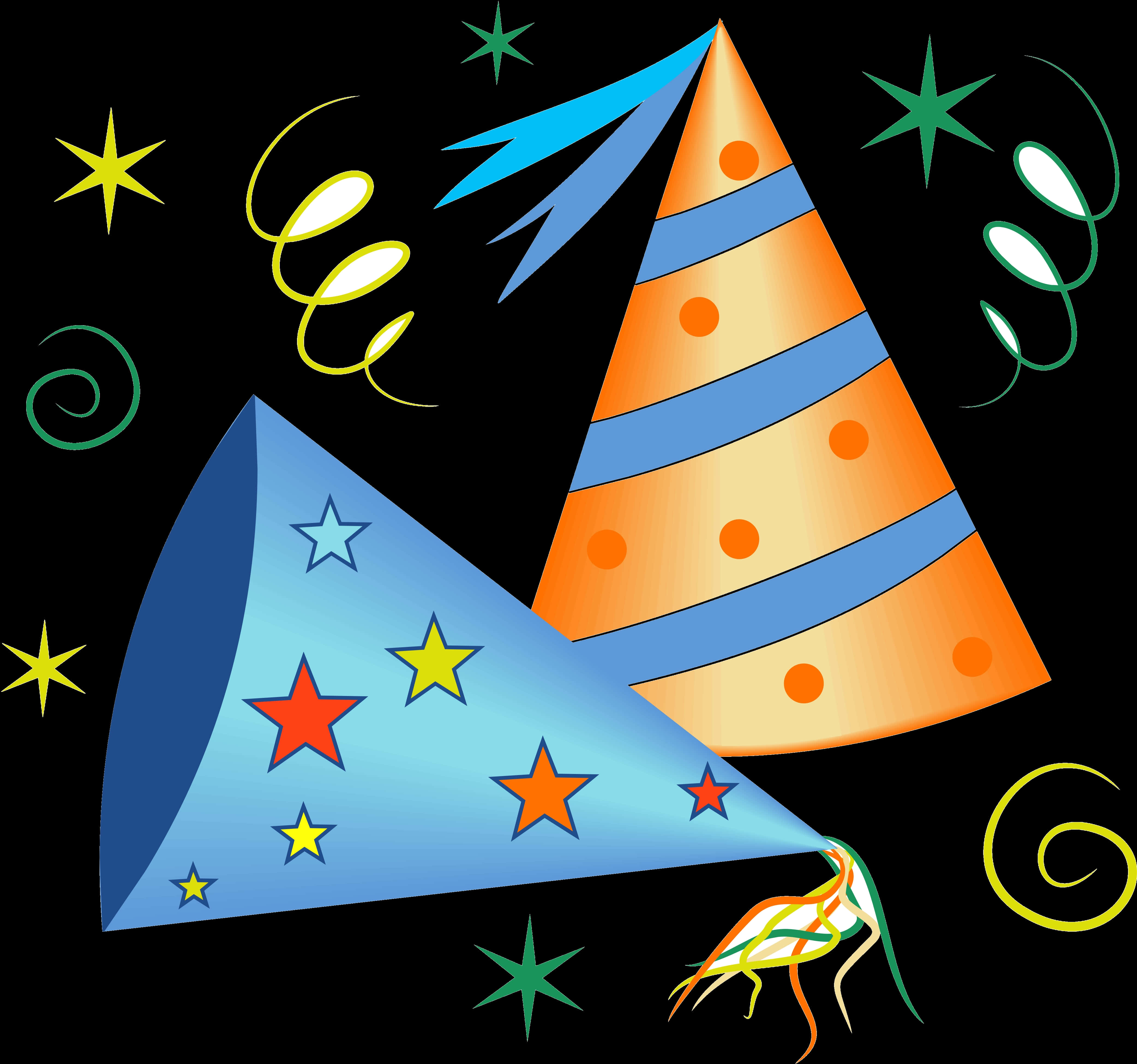 Birthday 桌布 壁紙 — 兩頂色彩繽紛的派對帽，帶有星星和條紋，在黑色背景上飄浮，伴隨著旋轉的紙屑和閃光。