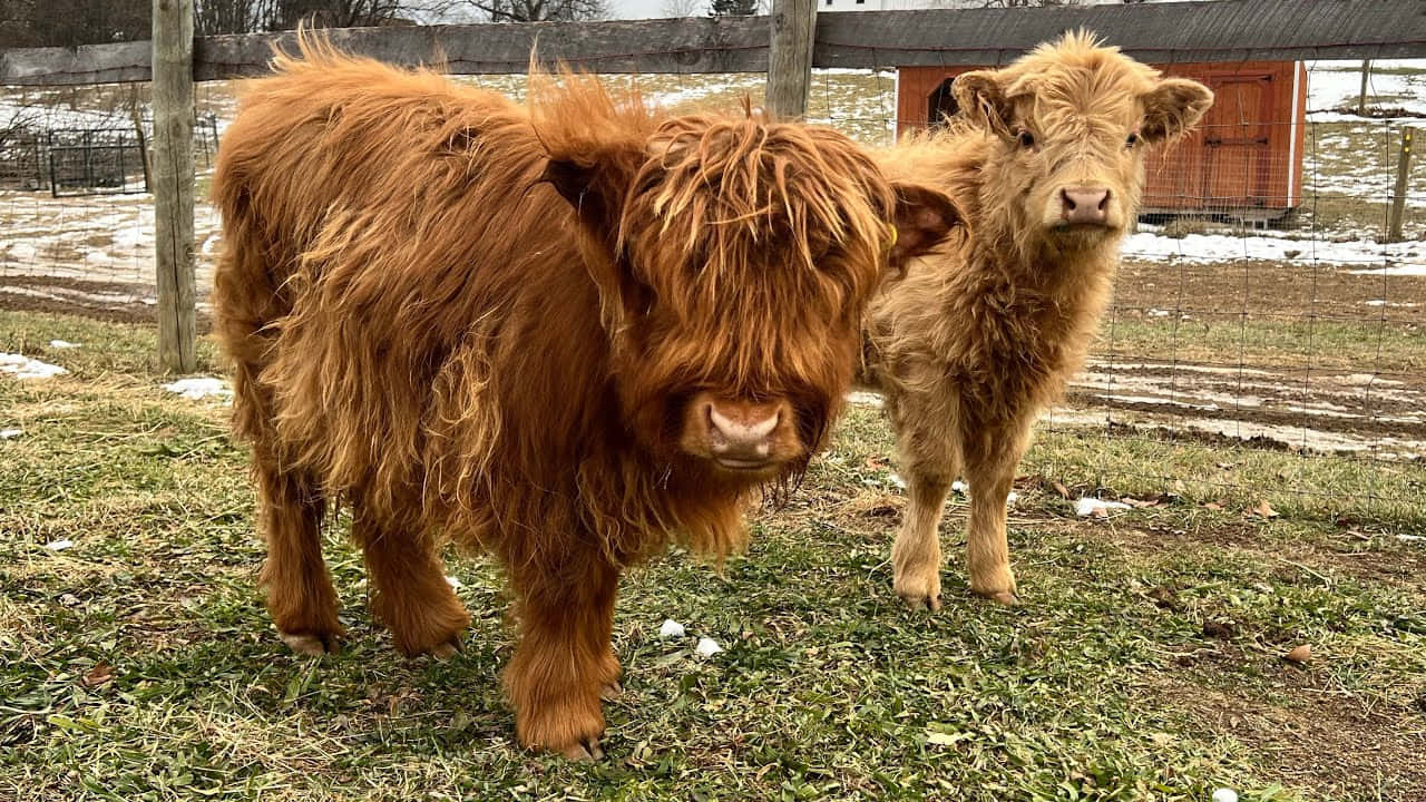 Cute Cow 桌布 壁紙 — 兩頭毛茸茸的高地牛，有著厚厚的棕色毛皮，站在雪地圍欄牧場中看著鏡頭。