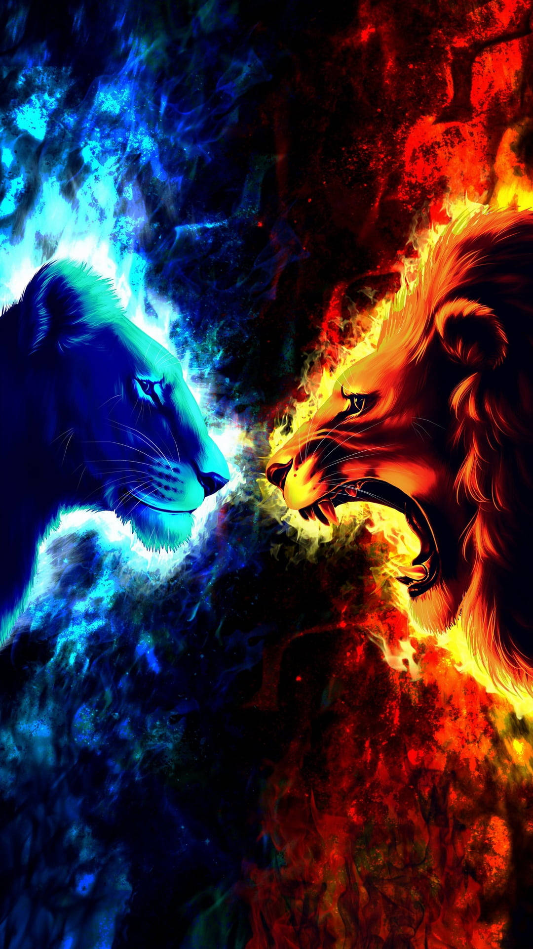 Fire And Ice 桌布 壁紙 — 兩頭獅子對峙——一頭冰藍色，一頭火紅色——在黑暗背景下展開戲劇性的元素衝突。