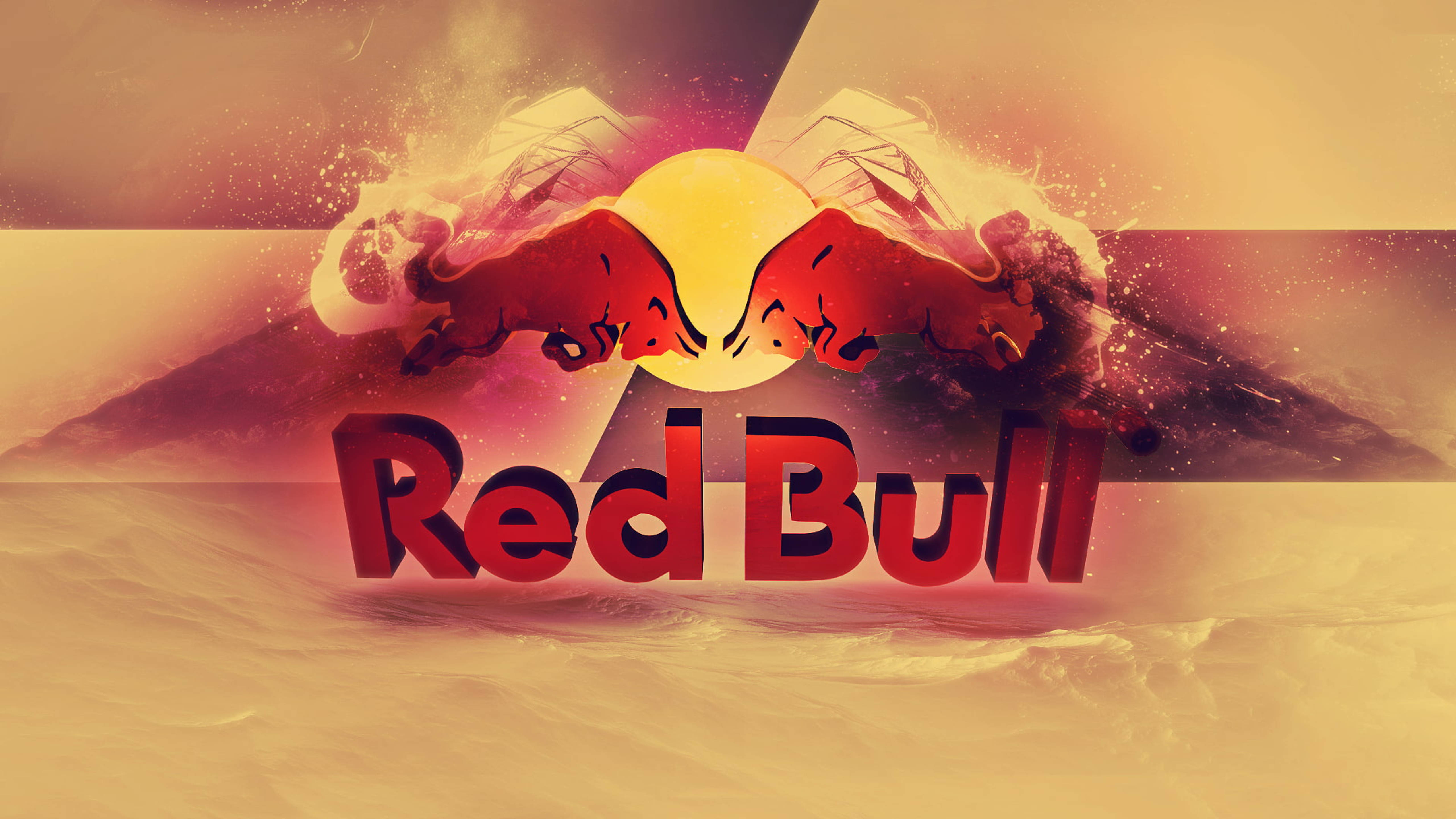 bull 桌布 壁紙 — 兩頭衝鋒的紅色公牛在熾熱的太陽下碰撞，背景是火熱的山脈，帶有醒目的Red Bull品牌標誌。