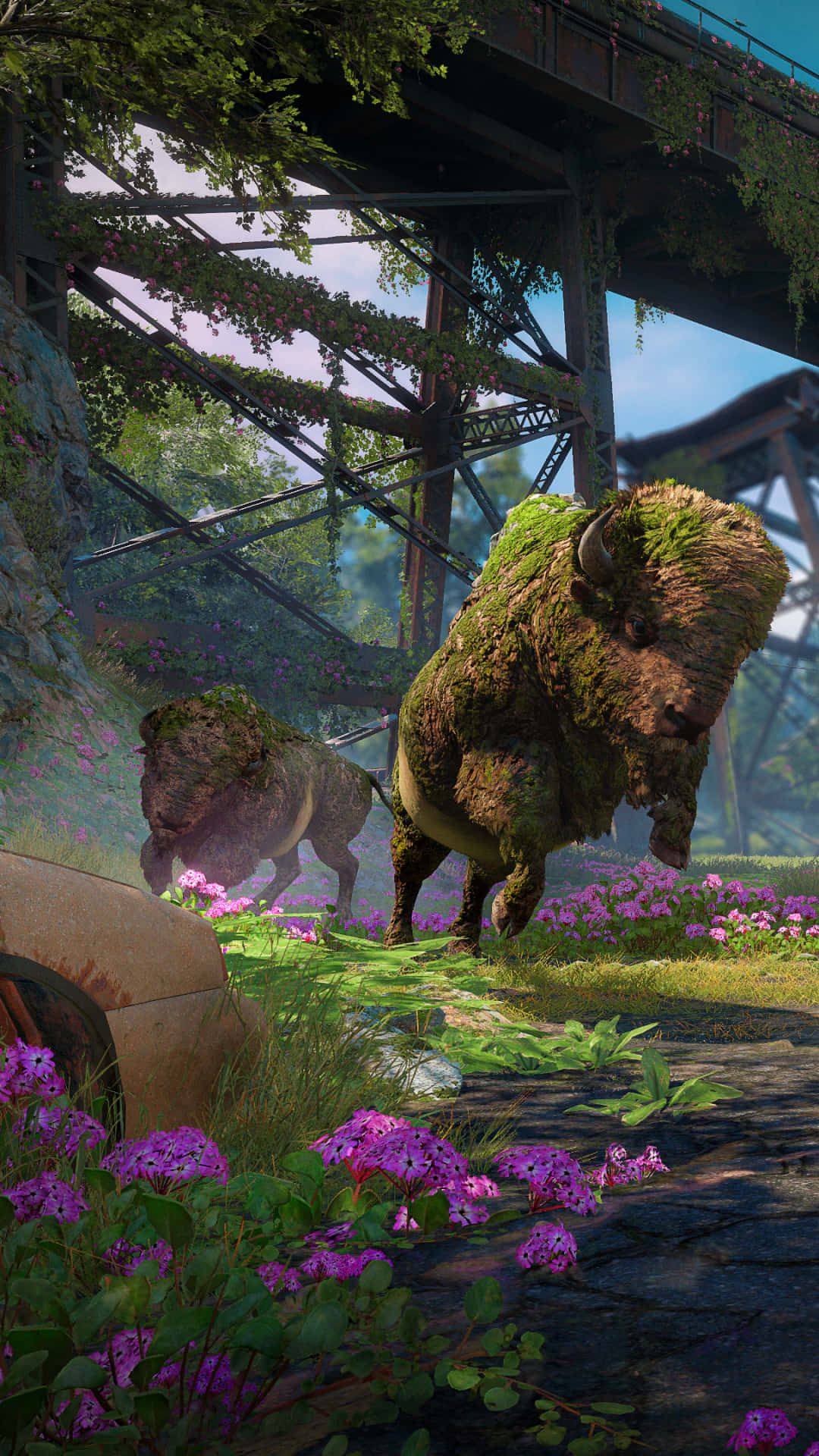Aesthetic Gaming 桌布 壁紙 — 兩頭長滿苔蘚的野牛在生鏽且雜草叢生的橋樑下，穿過一片生機勃勃的紫色花田。