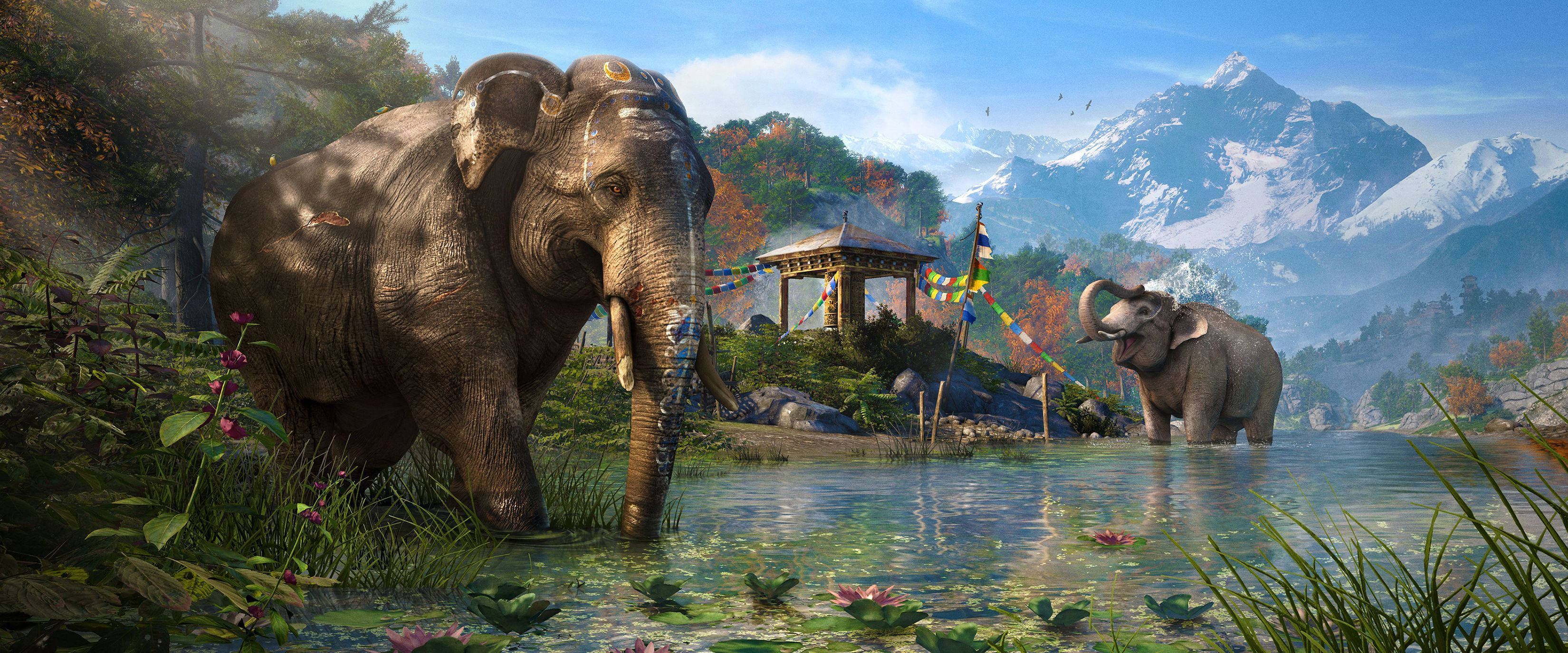Far Cry 4 桌布 壁紙 — 兩頭雄偉的大象在寧靜的池塘中涉水，周圍環繞著茂密的樹葉、白雪覆蓋的山脈和色彩繽紛的亭子，頭頂是明亮的藍天。